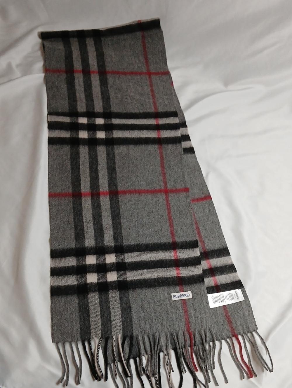 Burberry Gray Plaid Scarf with Black and Red Stripes